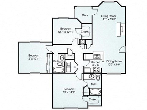 Floor plan for 3 beds, 2 baths, 1339 sqft